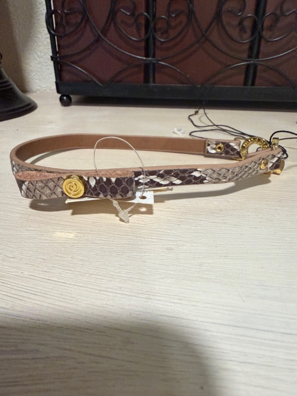 Mud Pie Snake-Print Thin Belt with Gold Rose Accents - Brown